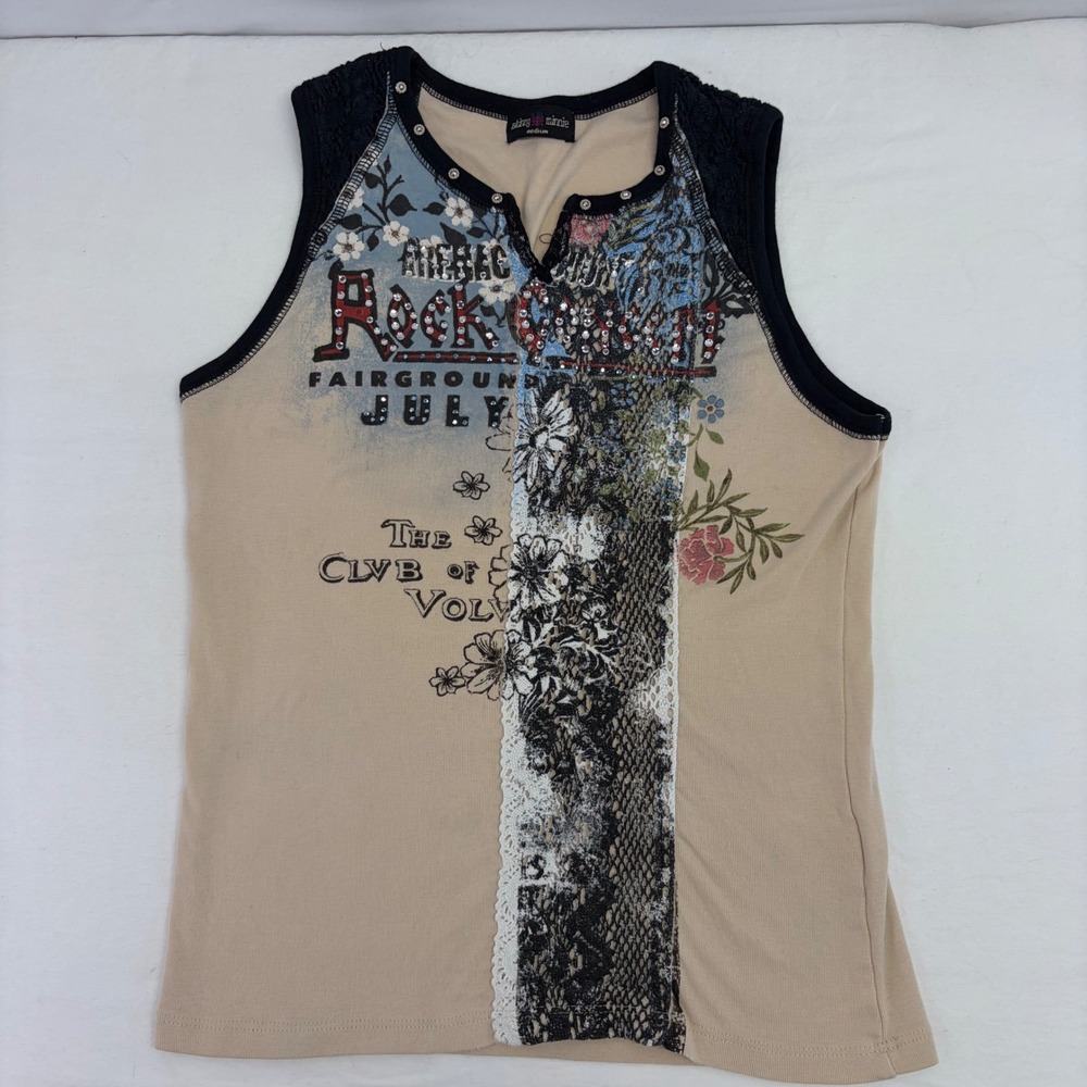 Vintage Skinny Minnie Sleeveless Tee 2000s Medium Y2K Rhinestone Rock Concert